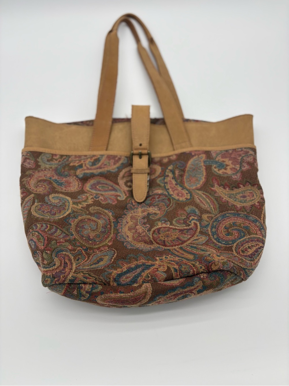 Vintage 90’s  L.L. Bean Paisley Tote Bag with Tan Leather Straps